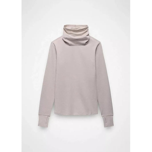Back view of the Prana Women's Ice Flow Long Sleeve in Almond Heather against a white background.