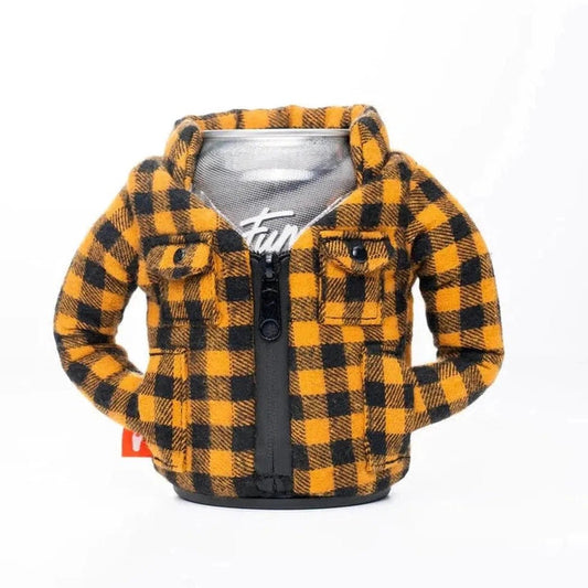 A front view of the Puffin Coolers The Lumberjack in Pewter showing the plaid jacket design and zipper against a white background.