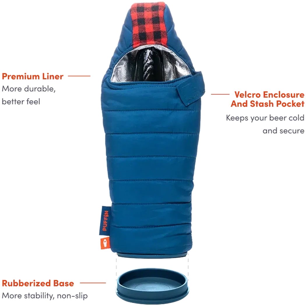 A top-down view of the Puffin Coolers The OG in Puffin Red & Crater Blue showing the premium liner and rubberized base.