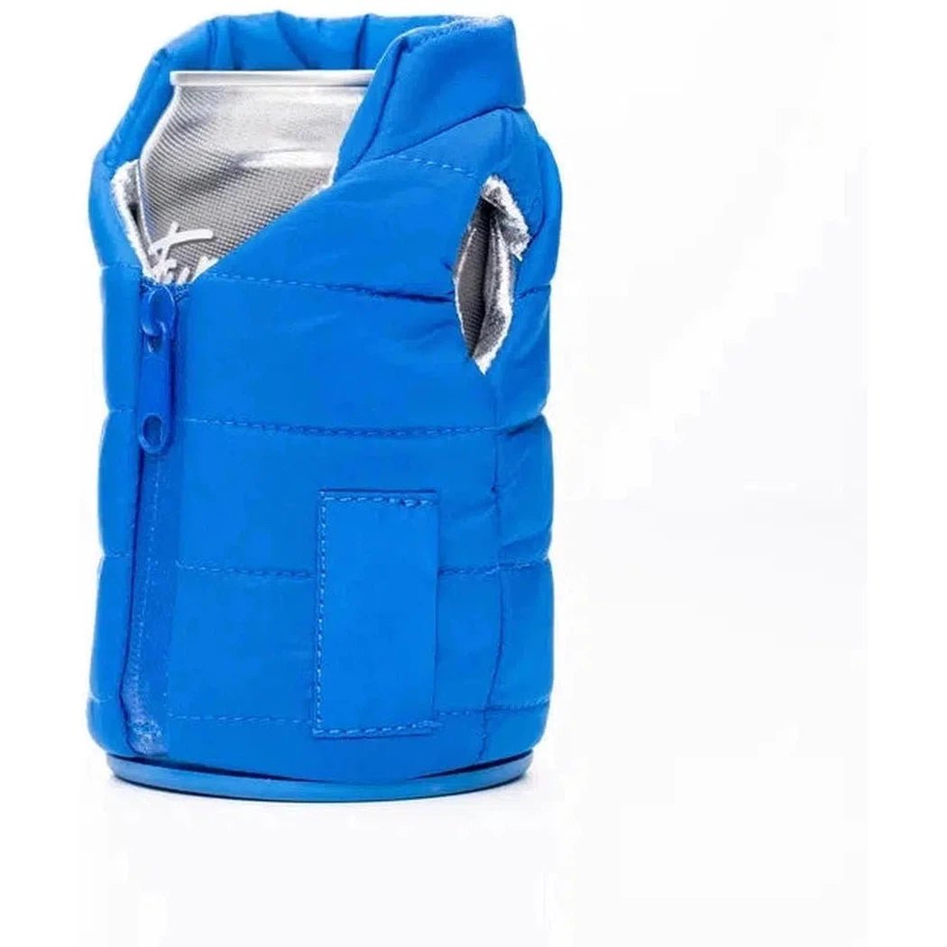 A black Puffin Coolers The Puffy Vest with a front pocket and zipper, shown from the front against a white background.