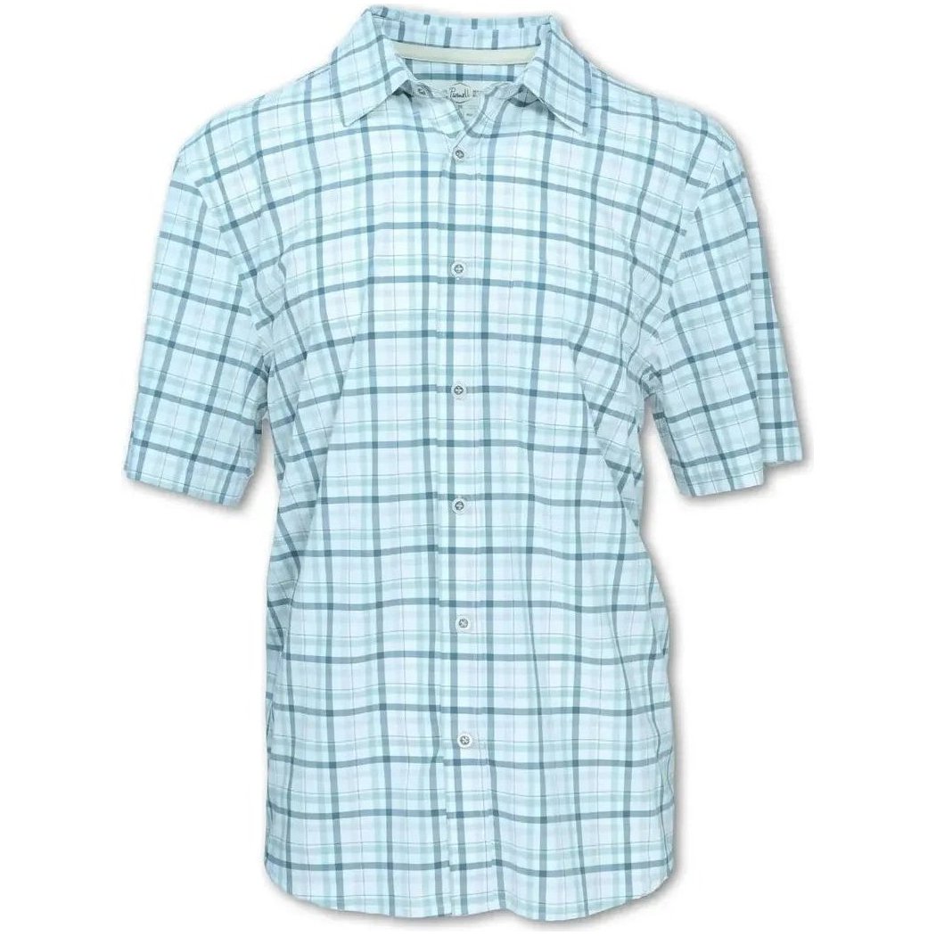 A front view of the Purnell Men's 4-Way Quick Dry Stretch Check Shirt in Green with a plaid pattern and short sleeves.