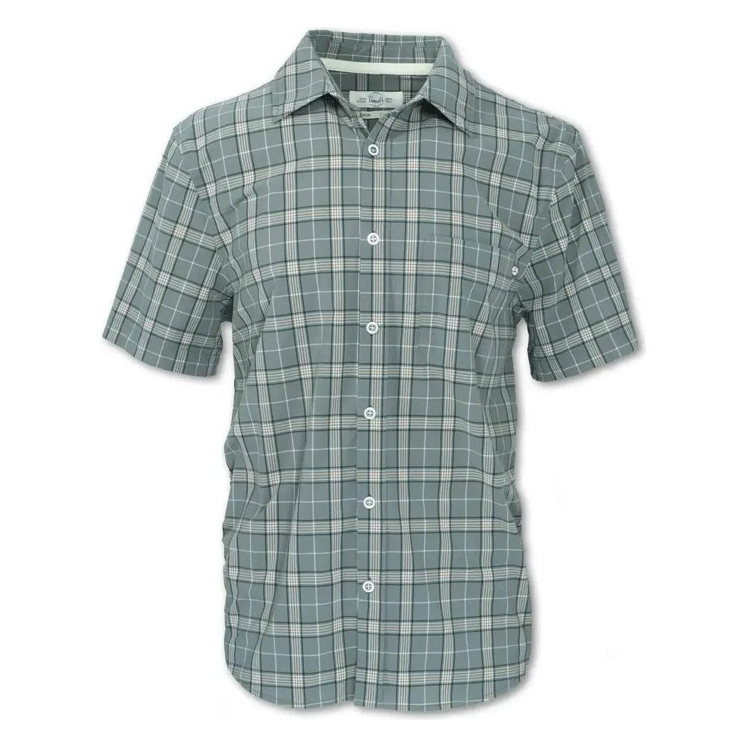 A front view of the Purnell Men's 4-Way Quick Dry Stretch Olive Shirt with a plaid pattern and white buttons against a white background.