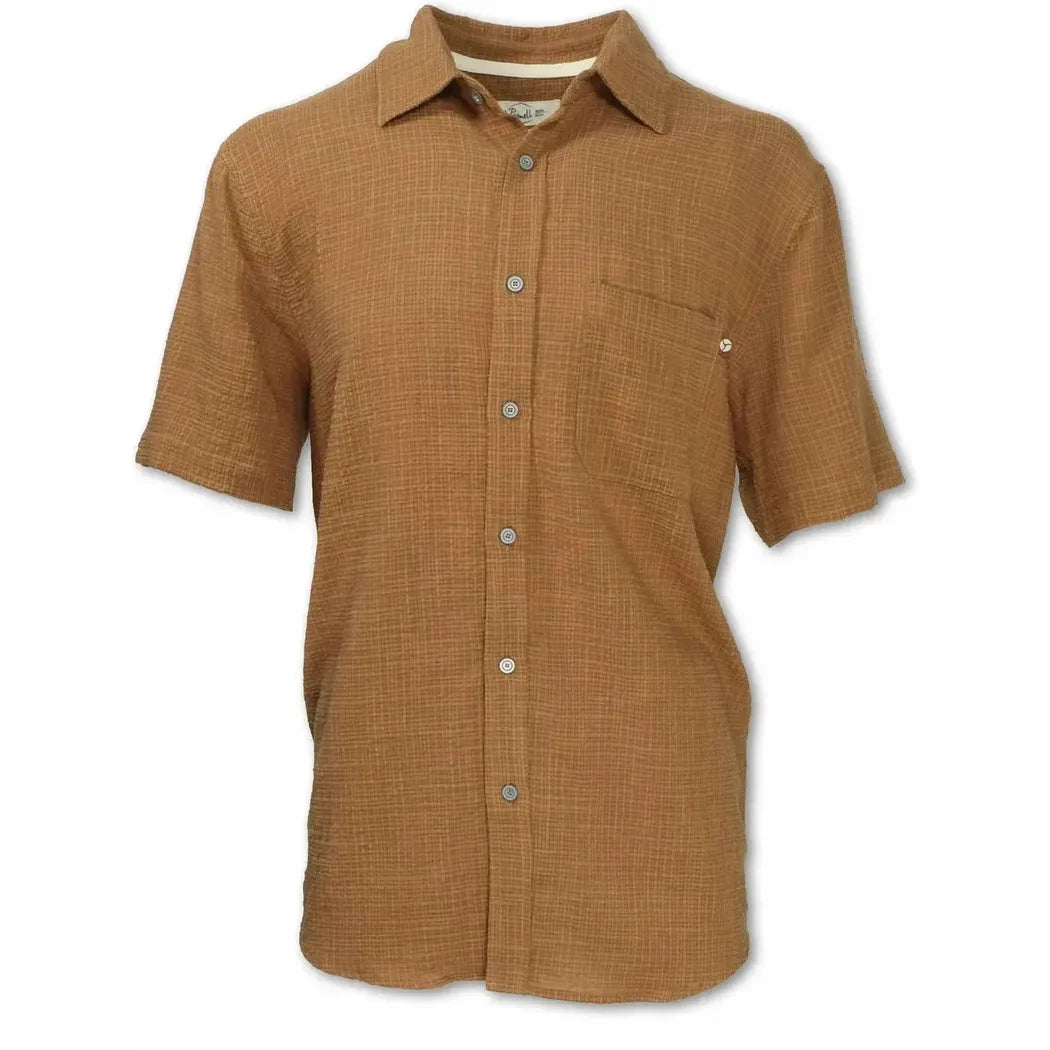 A front view of the Purnell Men's Short Sleeved Seersucker Shirt in Sienna showing the chest pocket and button placket against a white background.