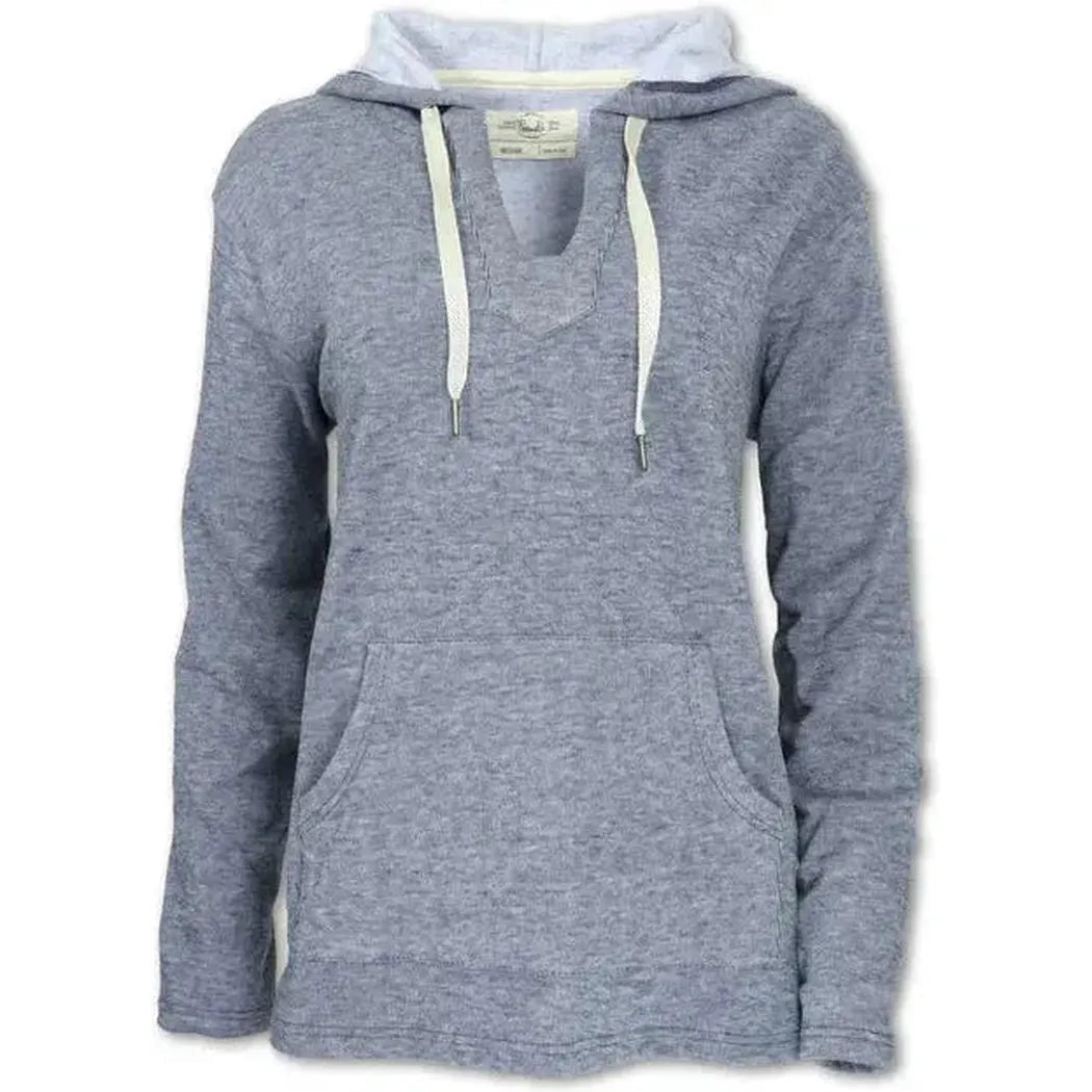 A front view of the Purnell Women's Fleece Knit Pullover in Light Grey showing the hood and front pocket against a white background.