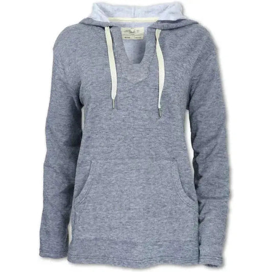 A front view of the Purnell Women's Fleece Knit Pullover in Light Grey showing the hood and front pocket against a white background.