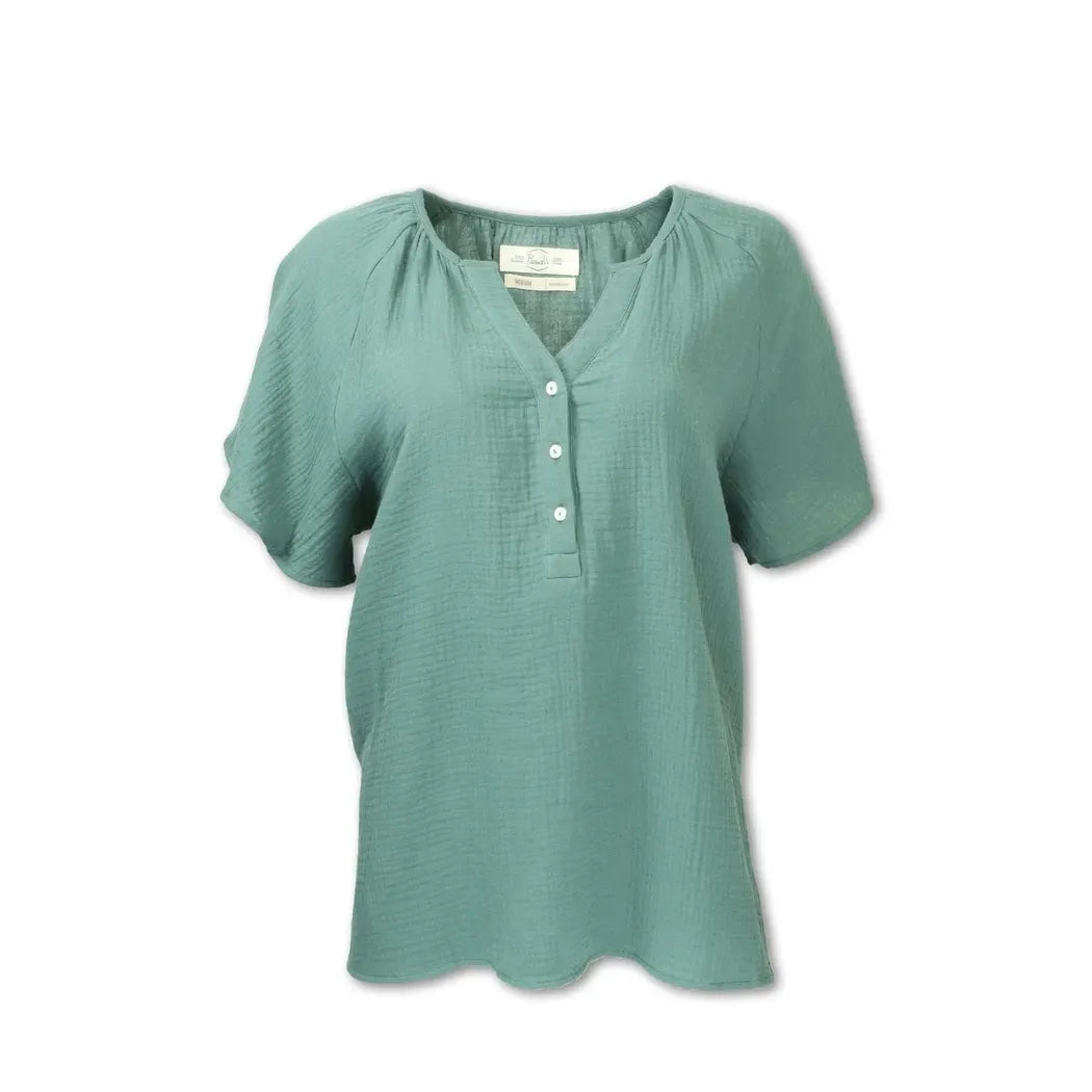 A front view of the Purnell Women's Gauze Raglan Short Sleeve Shirt in Green with a V-neck and buttons, against a white background.