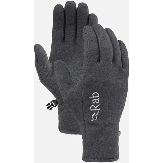 Side view of the Rab Geon Gloves in Army color showing the logo on the palm and a small pull tab on the wrist.