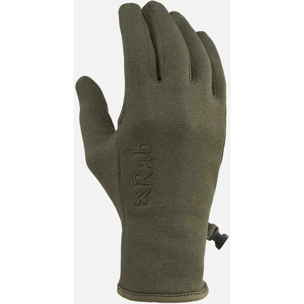 A front view of the Rab Geon Gloves in Army color with a drawcord closure and the brand name embossed on the palm.