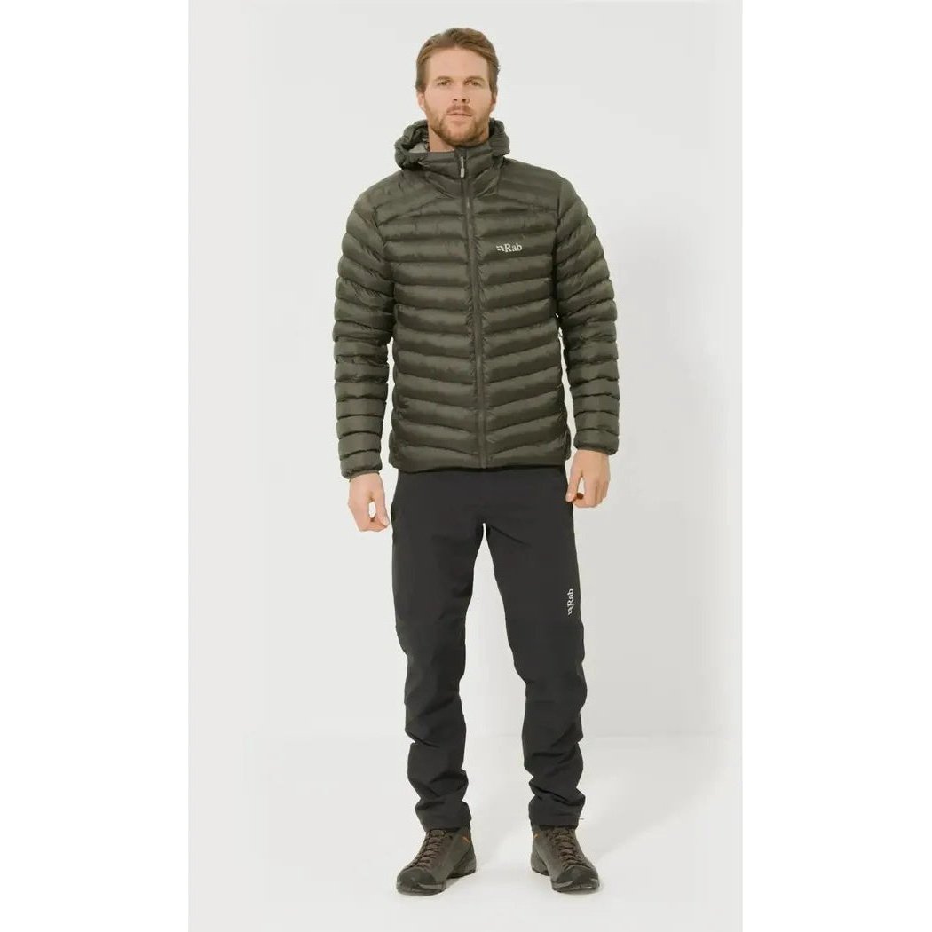 A front view of the Rab Men's Cirrus Alpine Jacket in Army color on a model against a plain white background.