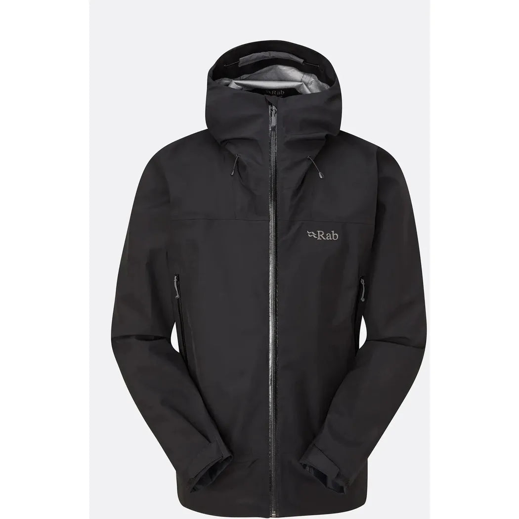 A front view of the black Rab Men's Namche GTX Jacket with a hood and zipper, against a plain white background.