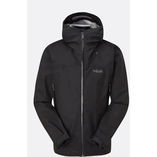 A front view of the black Rab Men's Namche GTX Jacket with a hood and zipper, against a plain white background.