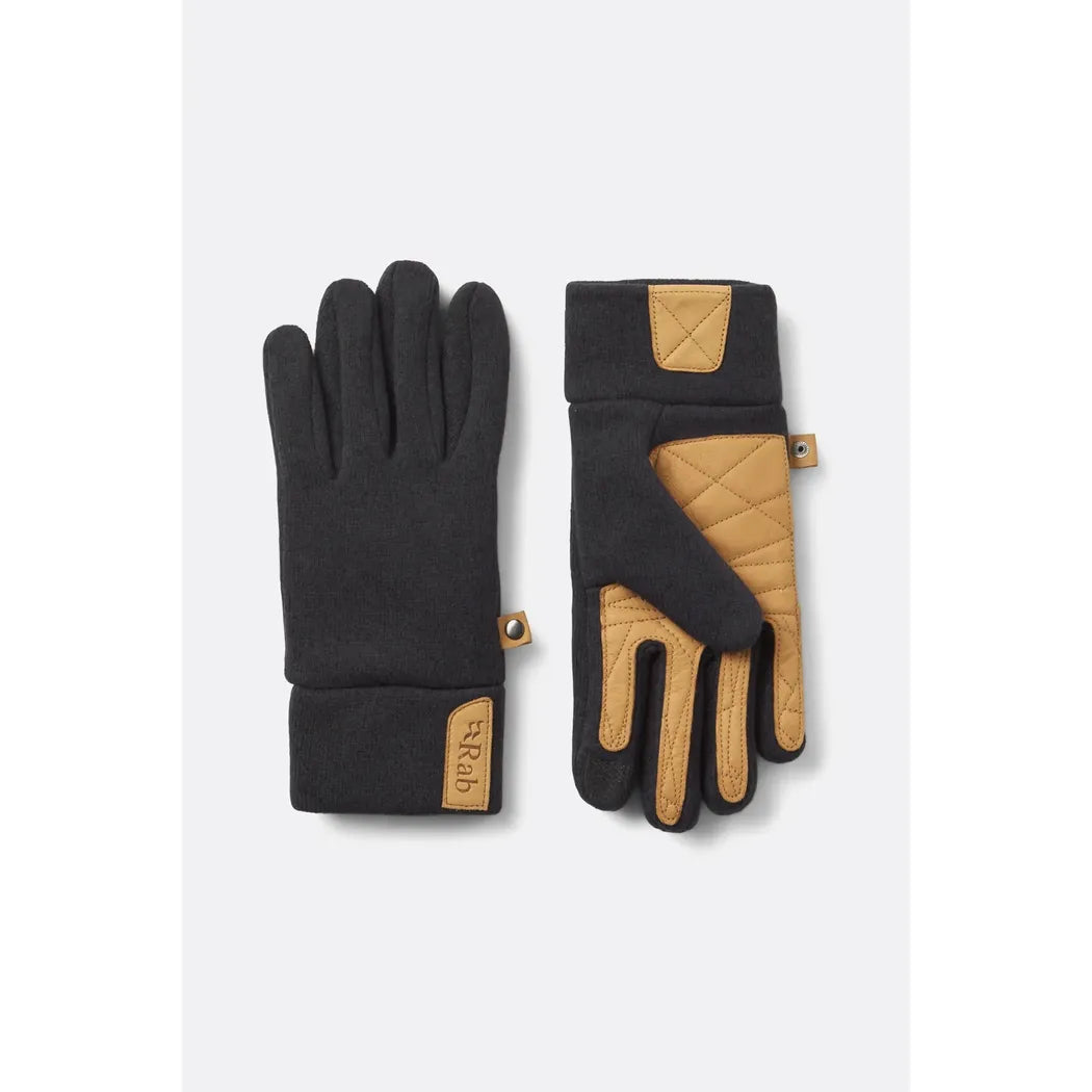 Side view of the Rab Men's Ridge Glove in Ebony showing the quilted palm and branded cuff against a light background.