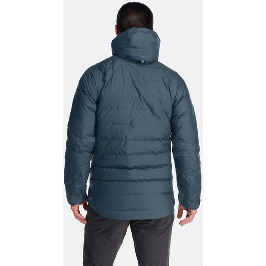 Back view of the Rab Men's Valiance Jacket in Black showing the hood and quilted design against a plain background.