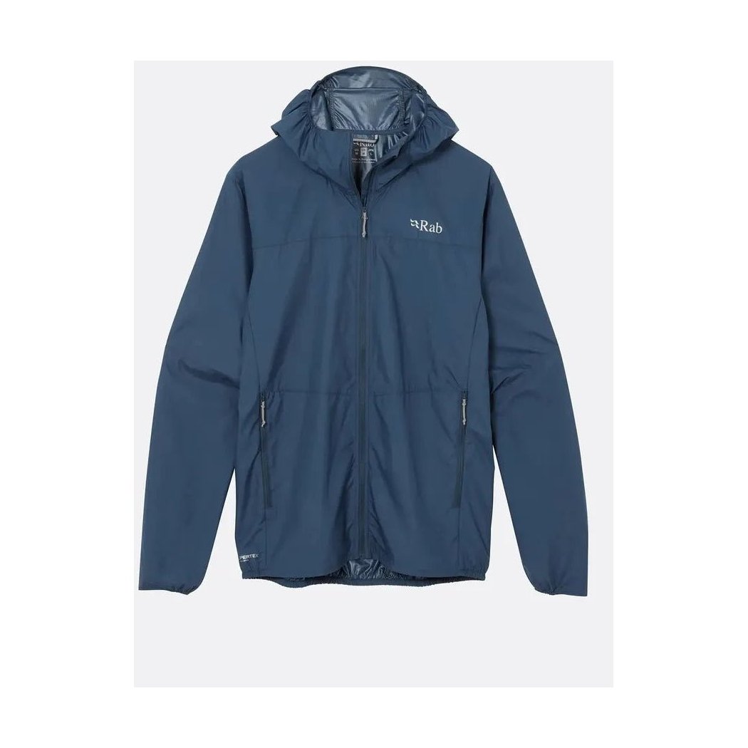 A front view of the Rab Men's Windgather Hoody in Black with a hood and zippered pockets against a white background.