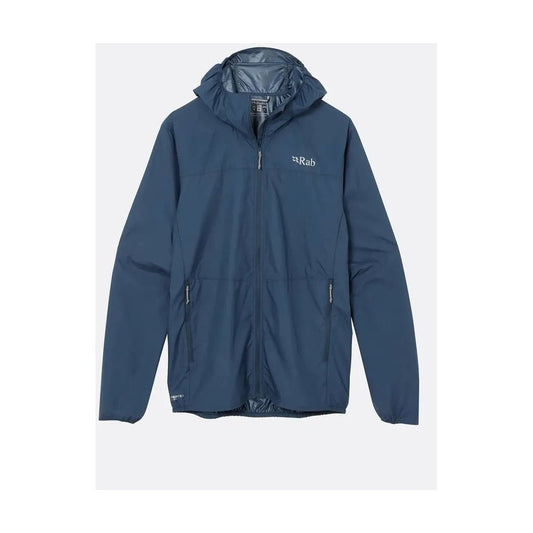 A front view of the Rab Men's Windgather Hoody in Black with a hood and zippered pockets against a white background.