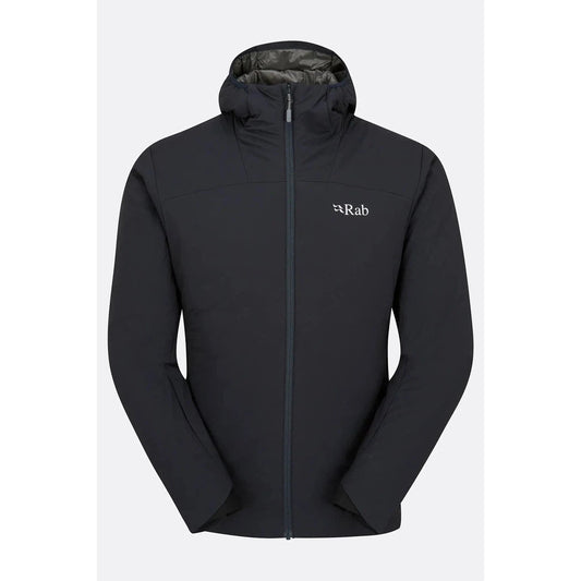 A front view of the Rab Men's Xenair Alpine Light Jacket in Black with a hood and zip closure against a plain background.