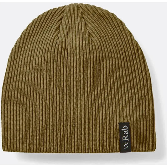 A front view of the Rab Perimeter Beanie in Black with a black tag on the right side against a white background.