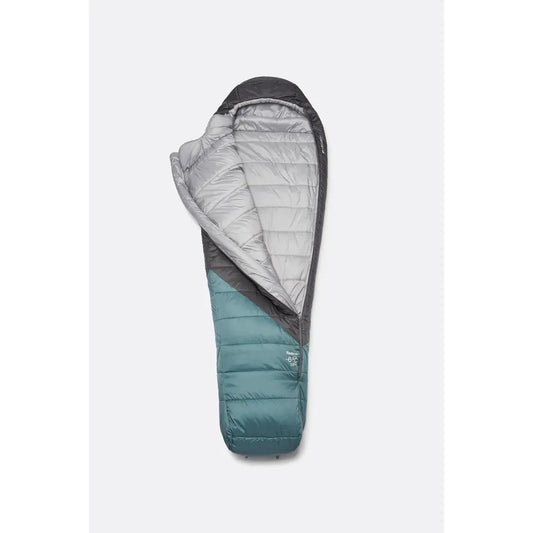 Left zip Rab Radeon -6C / 20F LNG sleeping bag in Sage/Graphene color, shown open with a white background.