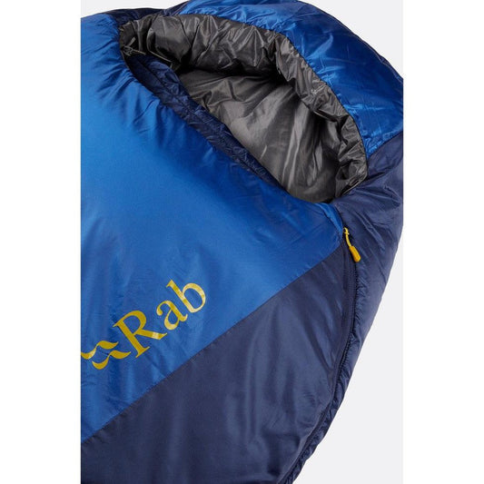 A close-up of the Rab Solar Eco 2 sleeping bag in Ascent Blue showing the zipper and interior lining against a white background.