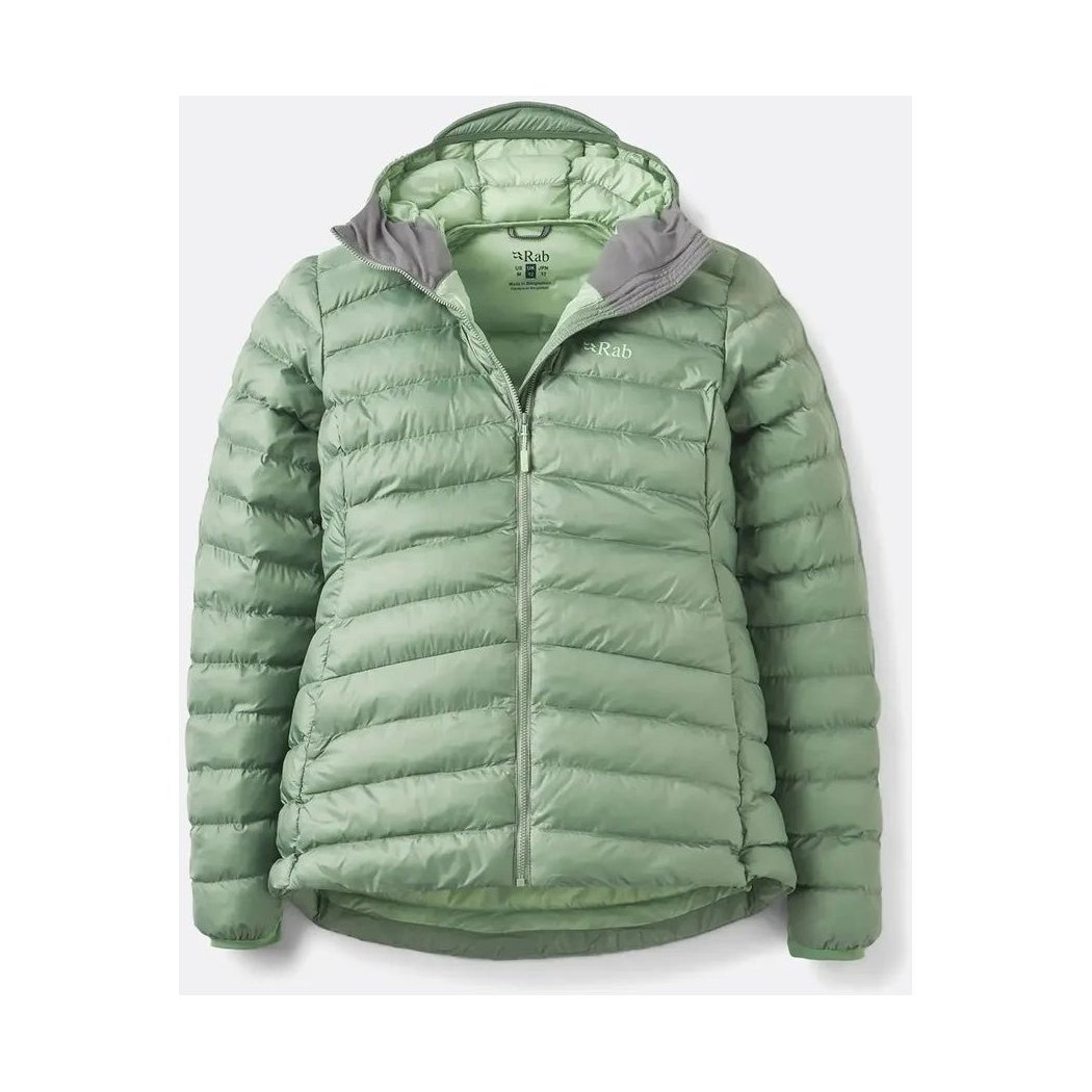 A front view of the Rab Women's Cirrus Alpine Jacket in Dark Fig Green with a hood and zipper, against a white background.
