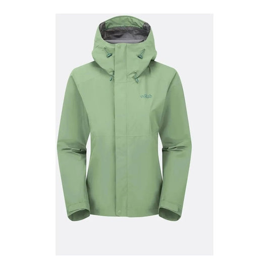 A front view of the Rab Women's Downpour Jacket in Black with a hood and visible logo against a plain white background.