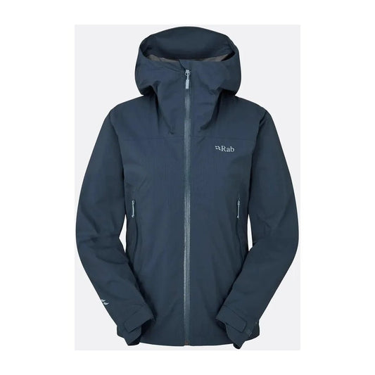 A front view of the Rab Women's Downpour Light Jacket in Tempest Blue with a hood and zippered pockets against a light background.