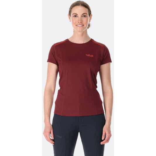 A front view of the Rab Women's Force Tee in Beluga on a model against a white background.