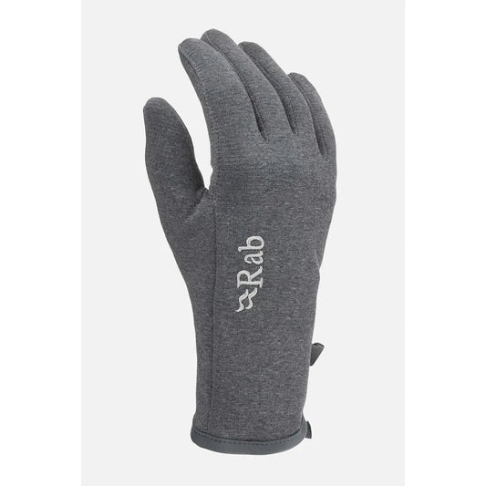 A side view of the Rab Women's Geon Gloves in Black/Steel Marl against a white background.