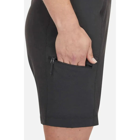 Side view of the Rab Women's Incline Light Shorts in Anthracite showing the zippered pocket and model hand against a white background.