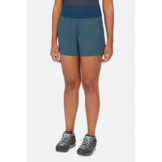 A front view of the Rab Women's Momentum Shorts in Beluga color, showing the model wearing them against a plain white background.