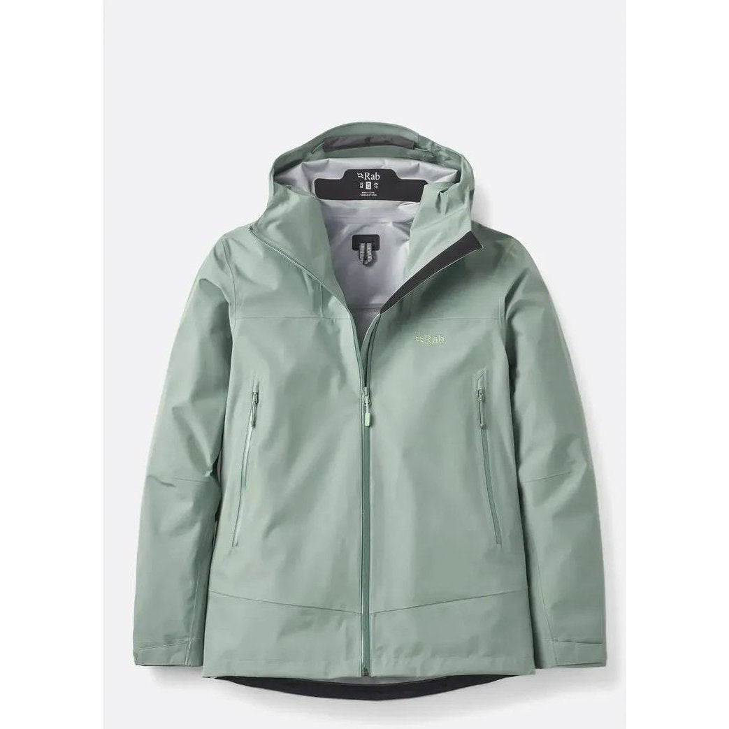 A front view of the Rab Women's Namche GTX Jacket in Black with a hood and zippered pockets against a plain background.