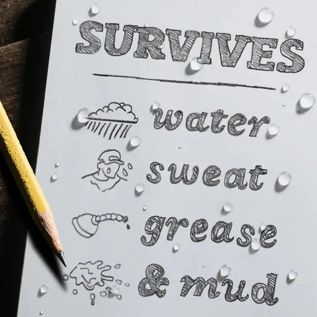 A black Rite in the Rain notebook with "SURVIVES water sweat grease & mud" text and a yellow pencil on a wooden surface.