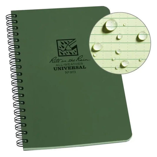 A black Rite in the Rain Side Spiral Notebook 4 5/8 x 7 is shown from the front with a close-up of water droplets on the paper.