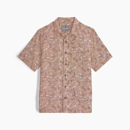 Short sleeve Royal Robbins Men's Camino Pucker shirt in Freshwater Botanist Pt with a leaf pattern, shown flat against a white background.