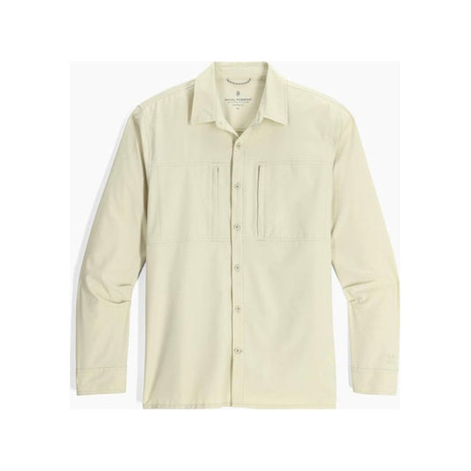 A front view of the Royal Robbins Men's Expedition III Long Sleeve in Everglade showing the chest pockets and button front against a white background.