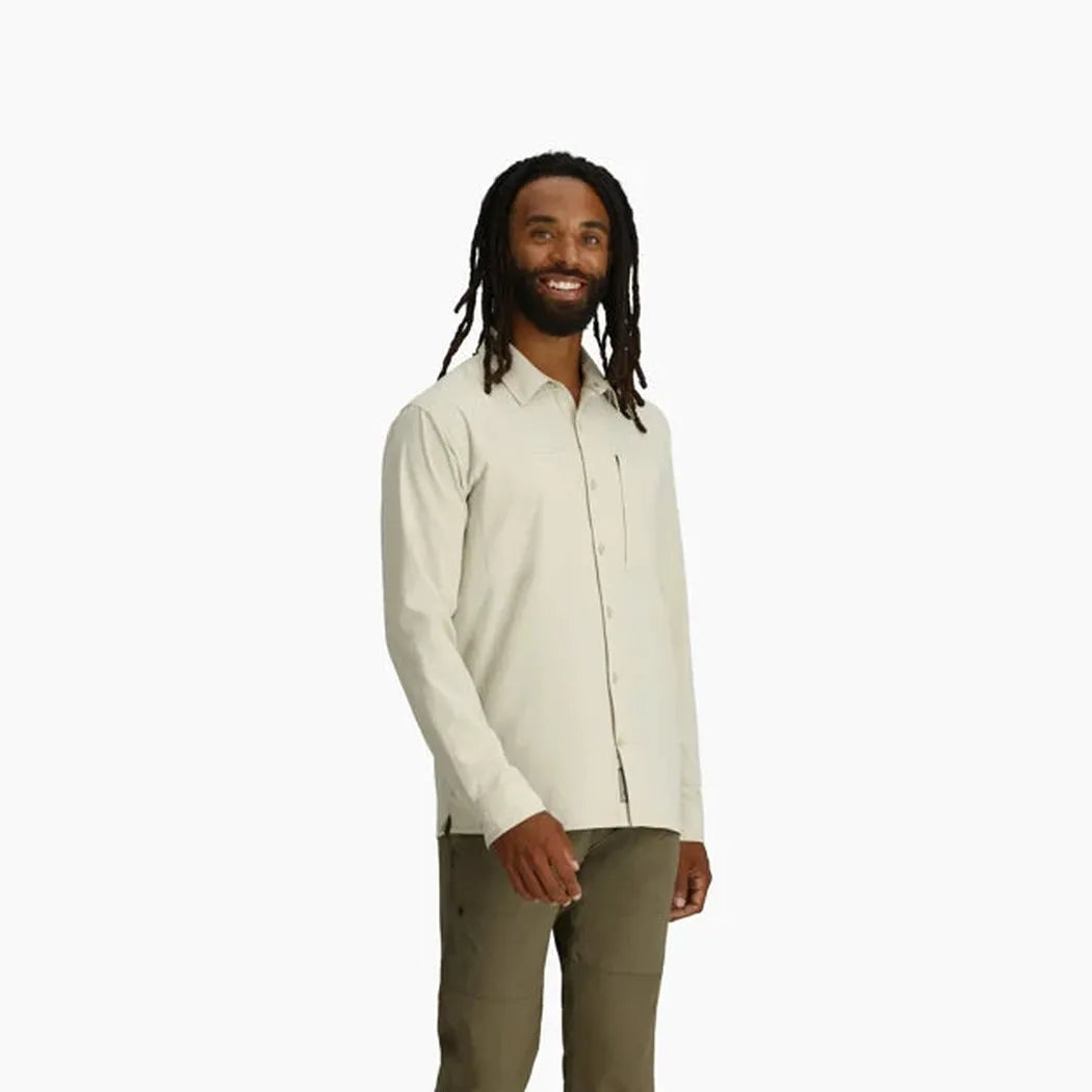 A front view of the Royal Robbins Men's Expedition III Long Sleeve in Everglade on a model against a white background.