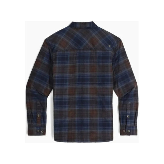 Back view of the Royal Robbins Men's Snowcap Lined Flannel in Navy Tioga Pld showing the plaid pattern and buttoned cuffs against a white background.