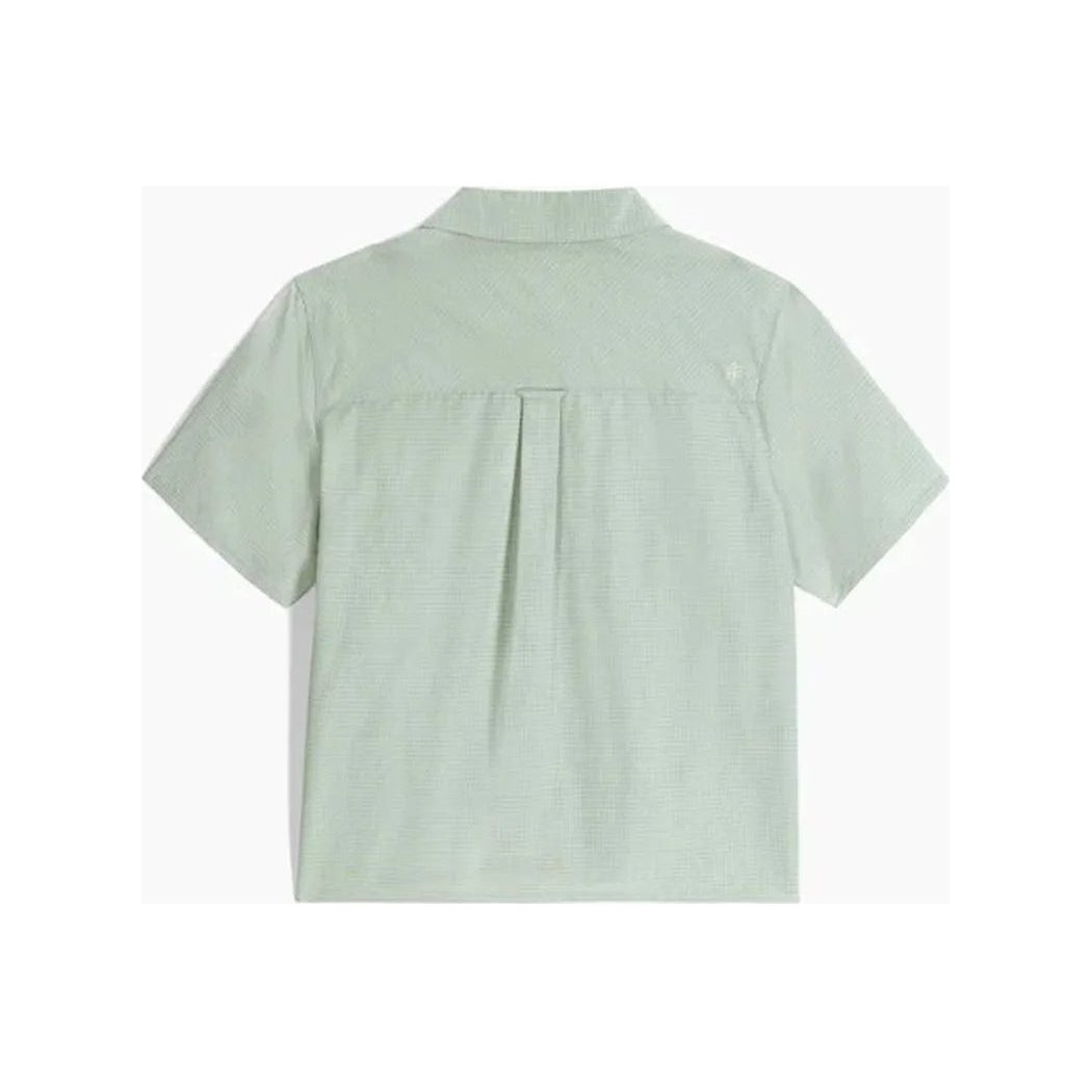 Back view of the Royal Robbins Women's Desert Pucker Short Sleeve in Sage Leaf showing the pleat detail against a white background.