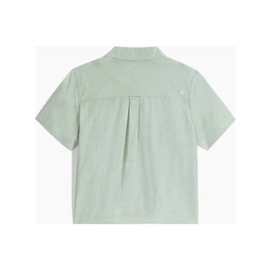 Back view of the Royal Robbins Women's Desert Pucker Short Sleeve in Sage Leaf showing the pleat detail against a white background.