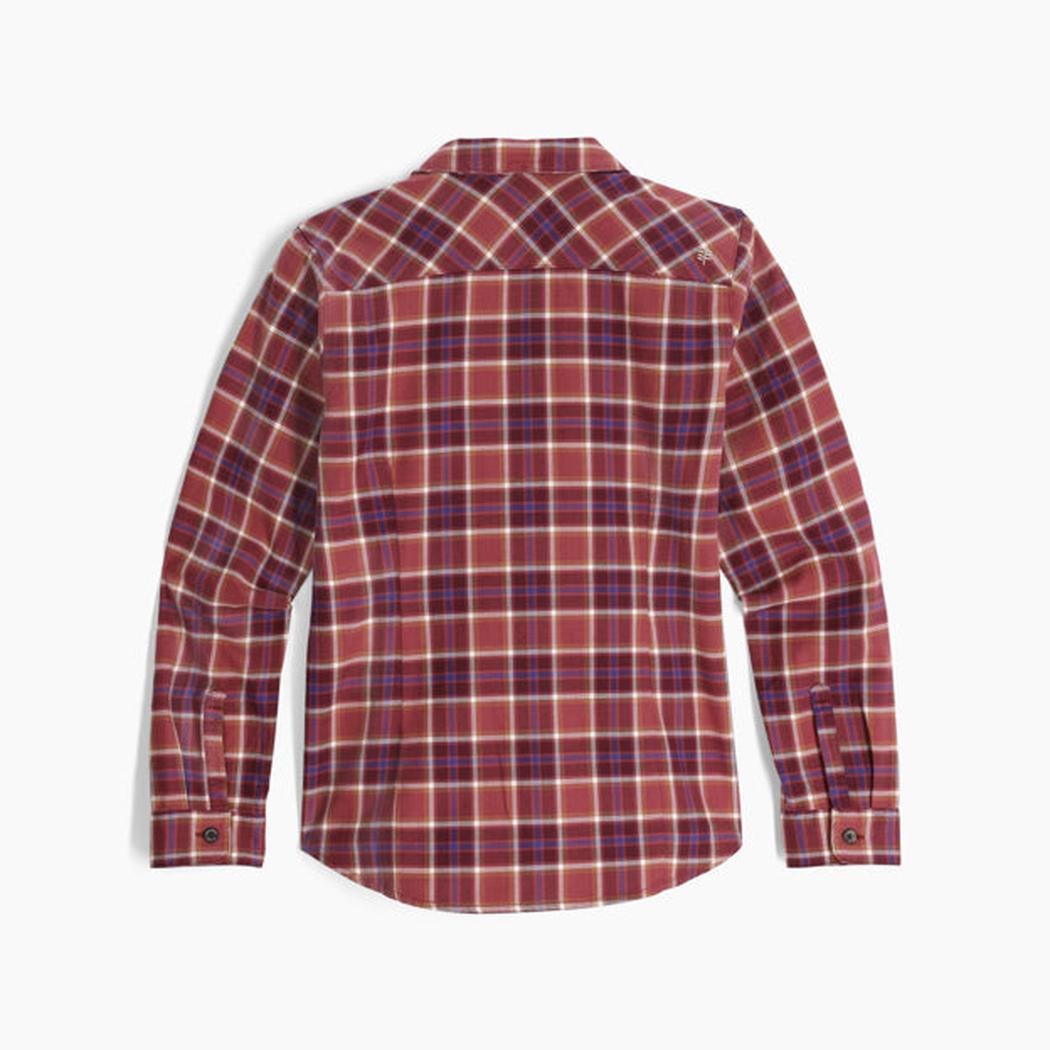 Back view of the Royal Robbins Women's Lieback Organic Cotton Flannel in Wild Rhubarb Bodega Bay Plaid against a white background.