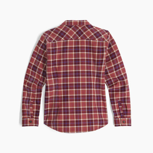 Back view of the Royal Robbins Women's Lieback Organic Cotton Flannel in Wild Rhubarb Bodega Bay Plaid against a white background.