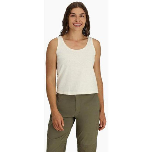 A woman wearing the Royal Robbins Women's Wilder' Pant in EverGlade stands against a white background.