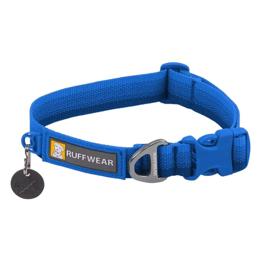 A blue Ruffwear Front Range Collar with a metal buckle and a tag, shown against a white background.