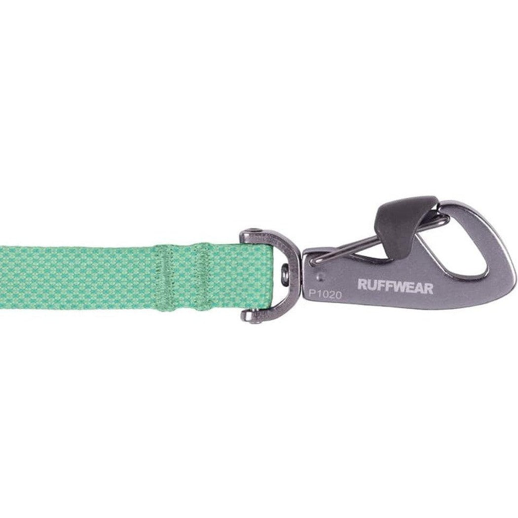 A close-up of the Ruffwear Hi & Light Leash in Sage Green showing the metal carabiner and green strap against a white background.