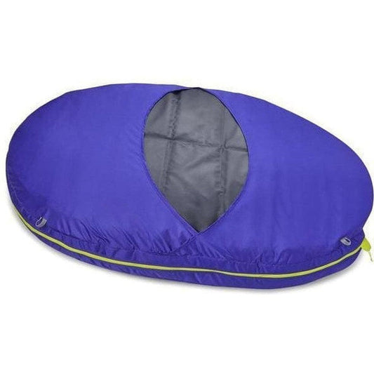 A side view of the Ruffwear Highlands Dog Sleeping Bag in Huckleberry Blue with a charcoal interior and yellow trim against a white background.