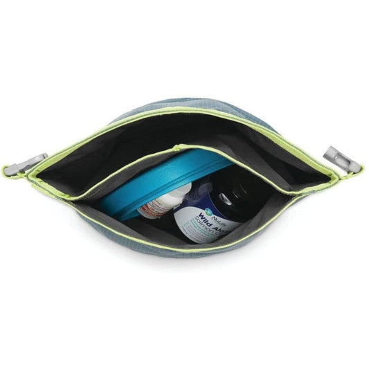 A top-down view of the Ruffwear Kibble Kaddie in Slate Blue showing its interior with a blue container and a bottle inside against a white background.
