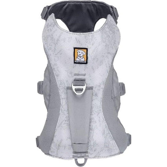 A front view of the Ruffwear Swamp Cooler Harness in Graphite Gray showing the front buckle and logo against a white background.