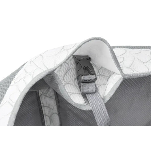 The Ruffwear Swamp Cooler Vest in Graphite Gray shows the adjustable buckle and mesh material against a white background.