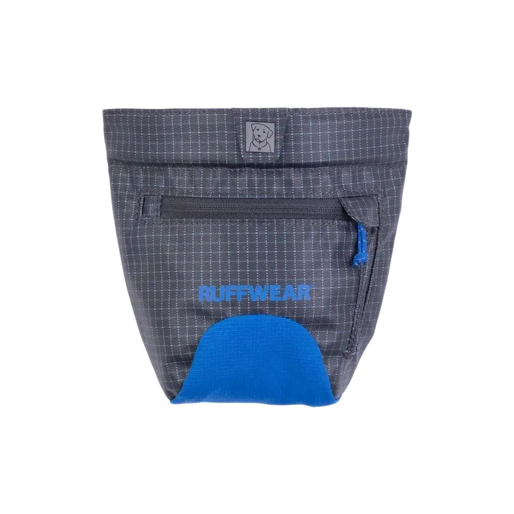 A front view of the Ruffwear Treat Trader in Blue Pool showing the zippered pocket and blue bottom against a white background.