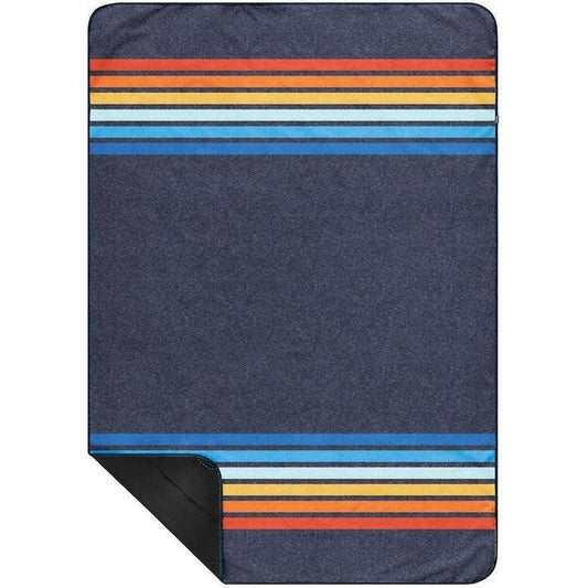 A top-down view of the Rumpl The Everywhere Mat in Coast Retro Rays showing the striped pattern and folded corner.